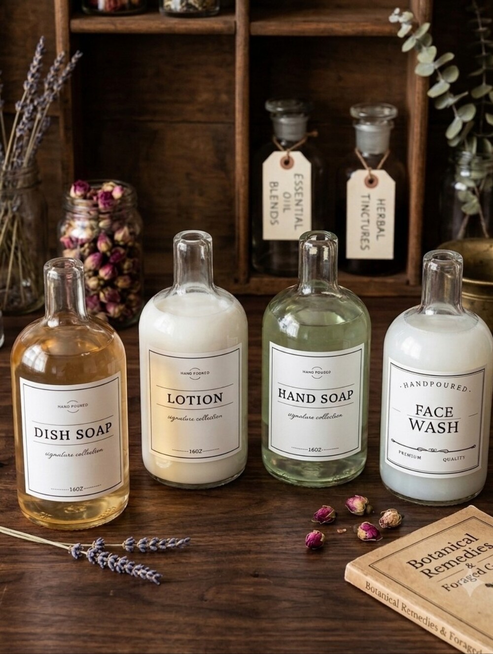 Set of 4 Clear Glass apothecary-style Bottles (16oz) - (D-1)